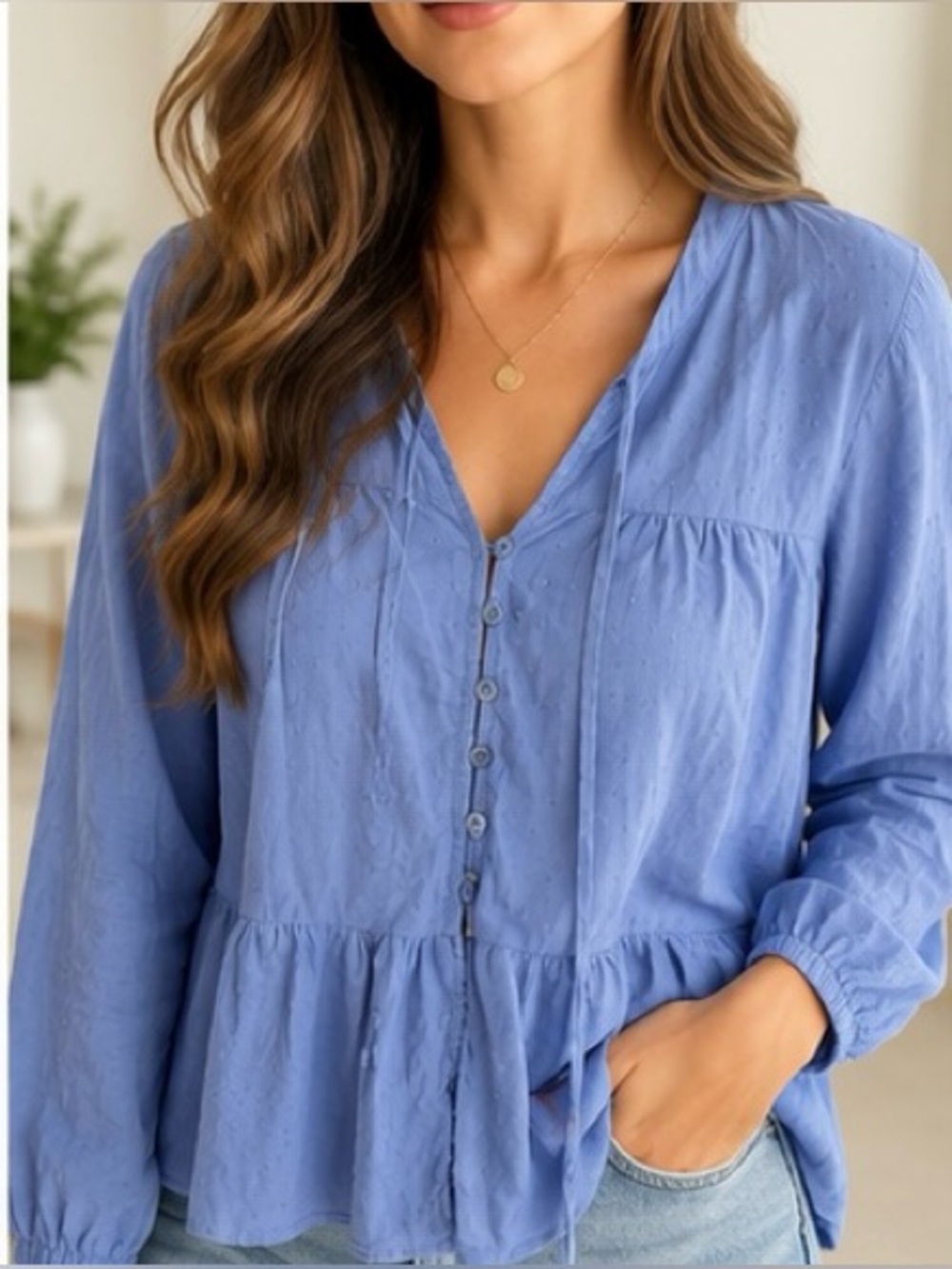 Reserved Light Blue Peplum Button-Front Women's Shirt